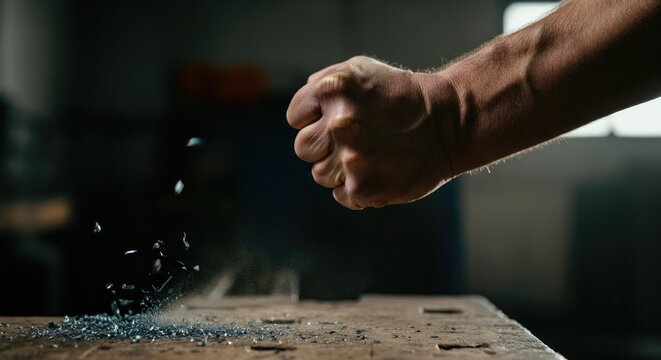 Clenched fist smashing glass, symbolizing anger and strength
