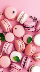 Fototapeta premium Sweet Symphony: A vibrant arrangement of pastel-colored macarons creates a visually delightful and mouthwatering composition.