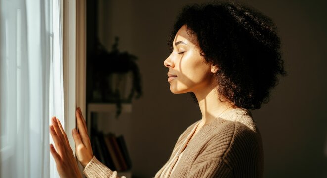 Woman standing by window with eyes closed in peaceful moment
