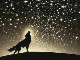 A minimalist black silhouette of a wolf howling at a darkened moon, the stars twinkling softly in the background, exuding a sense of mystique and freedom. 