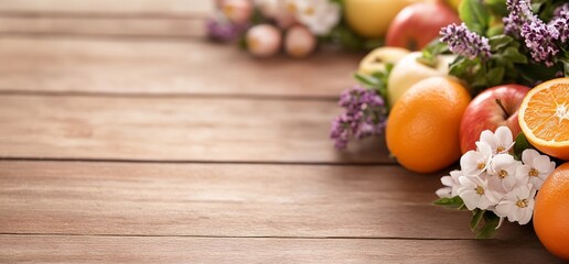 Fresh fruits and flowers on wooden table.