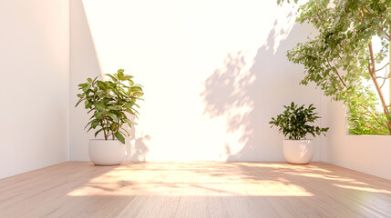 A minimalist interior featuring a white wall, natural wooden floor, and two lush potted plants, creating a serene and modern atmosphere