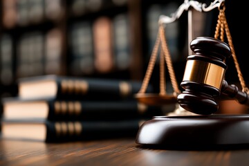 A detailed close-up of a gavel and scales of justice on a wooden desk, symbolizing law and order. Books in the background represent legal knowledge and judicial processes.