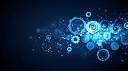Abstract Technological Gears and Connections on Dark Blue Background Displaying Complex Systems
