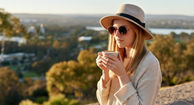 Woman with sunglasses and hat enjoying coffee outdoors on sunny day - Powered by Adobe