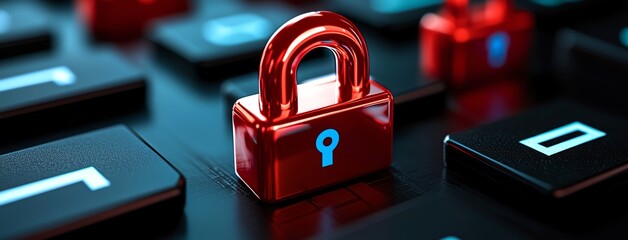 A close-up view of a shiny red padlock resting on a black keyboard, symbolizing digital security and data protection in technology. Perfect for concepts related to cybersecurity.