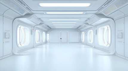 Futuristic White Corridor Interior With Geometric Design And Bright Lighting