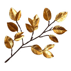 Fototapeta premium Golden Foliage Branch With Metallic Leaves, PNG On Transparent Background