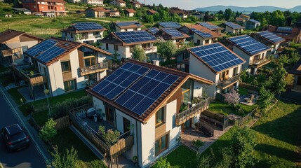 Fototapeta premium Eco-Friendly Community: Aerial View of Solar Panel Equipped Homes