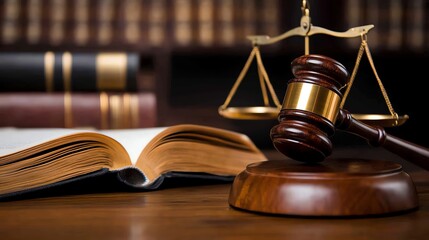 This image features a gavel, scales of justice, and an open law book, symbolizing the principles of law and justice