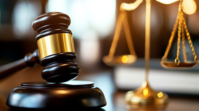 A close-up view of a gavel and scales of justice on a wooden desk, symbolizing law and order. Ideal for legal, judicial, or ethical themes, representing authority in the courtroom.