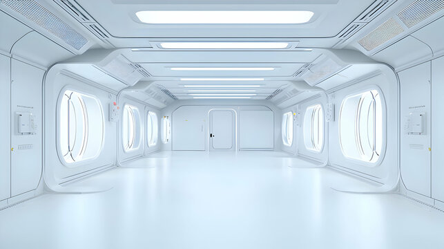 Futuristic White Corridor Interior With Geometric Design And Bright Lighting