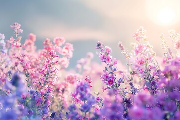 Naklejka premium Rows of delicate pink and purple statice flowers under a bright, sunny sky, their papery petals shimmering in the light.