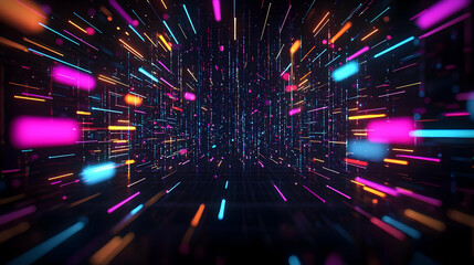 Naklejka premium Abstract Digital Data Flowing Through Network with Glowing Neon Lines and Futuristic Grid