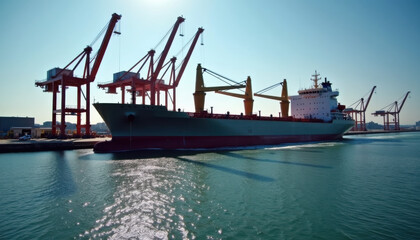 Cargo ship at port, loading cranes in action, maritime logistics, bright sunny day, copy space

