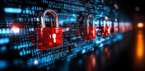 A close-up view of digital locks symbolizing cybersecurity and online protection, surrounded by binary code. Ideal for illustrating data security themes in technology.