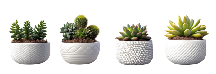 collection Set of different mixed cactus and succulents types of small mini plant in modern ceramic nordic vase pot as furniture cutouts isolated on transparent png background