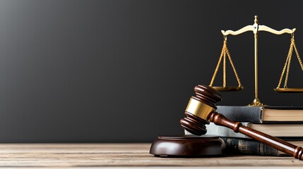 A close-up view of a gavel and scales of justice on a wooden desk symbolizes law and order. This image represents the legal system and professionals in the legal field.