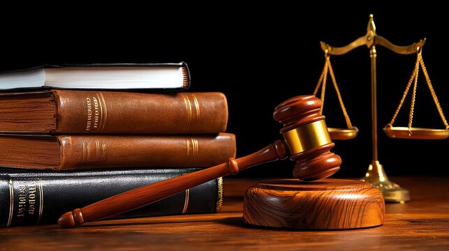 A wooden gavel placed on a polished desk beside law books and a balance scale represents justice and legal matters in a professional setting.