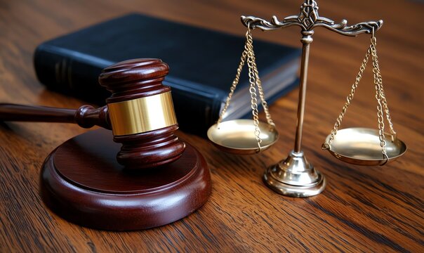 A close-up of a wooden gavel and golden scales of justice beside a thick law book, symbolizing the legal profession and the importance of fairness in judicial systems.