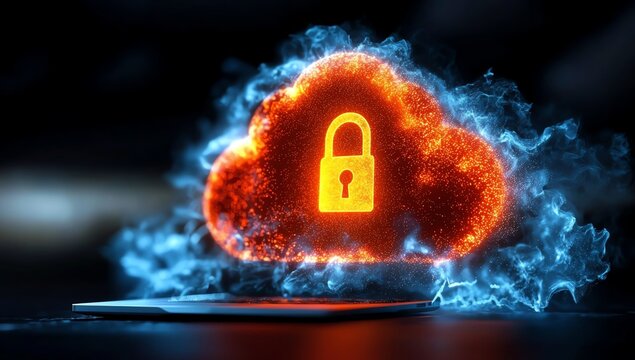 A vibrant digital illustration depicting a cloud symbol with a padlock, representing cybersecurity and data protection in the modern digital landscape.