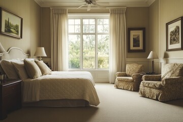 Elegant bedroom with large window overlooking garden. Possible use Interior design, home decor