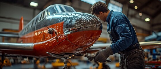 Mechanic Inspecting Vintage Airplane in Hangar