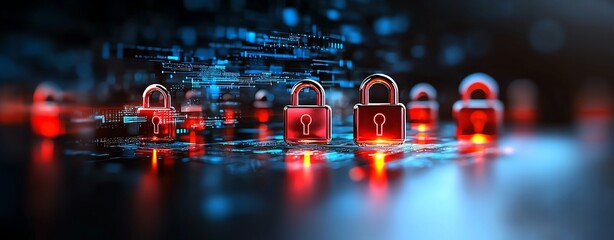 A futuristic representation of digital security, featuring glowing red locks against a backdrop of data streams, symbolizing cybersecurity and the protection of online information.
