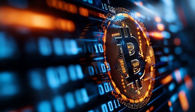 A close-up of a Bitcoin symbol surrounded by binary code, representing digital currency and cryptocurrency trends in modern finance.