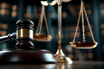 A close-up view of a gavel and balanced scales, symbolizing justice and law. The setting reflects a legal environment, showcasing professionalism in the judicial system.
