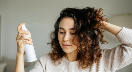 Woman with curly hair applying spray indoors