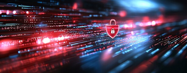 Futuristic digital background illustrating data security with glowing lines and a lock symbol. Ideal for topics related to cybersecurity, technology advancements, and protection.
