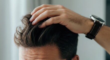 Naklejka premium Male adjusts hair, wearing watch, close-up of grooming, selective focus