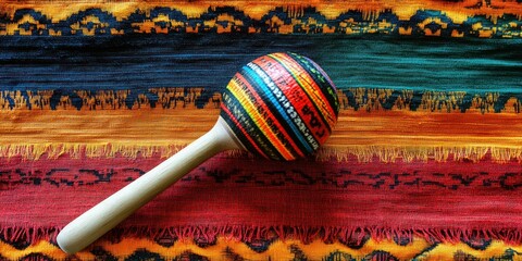 Colorful maraca resting on vibrant woven fabric enhanced by warm hues