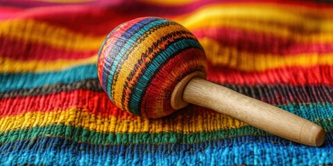 Colorful wooden maraca resting on vibrant textile during a festive celebration in a lively atmosphere