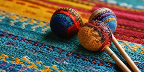 Colorful handcrafted maracas resting on traditional woven fabric during a cultural celebration in a vibrant market