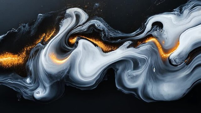 Abstract fluid art with swirling white and gold patterns on a dark background, creating a dynamic visual effect
