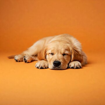 Sleeping puppy on an orange background
