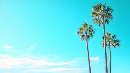 Obraz premium Three Tall Palm Trees Silhouetted Against Turquoise Sky With Wispy Clouds in Daytime