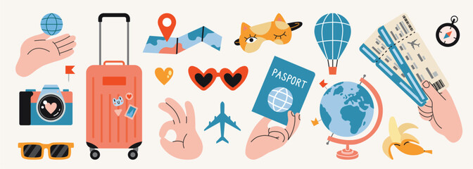Hands gestures and travel themed items like suitcase, tickets, map and sunglasses. Tourism and vacation planning concept. Trendy modern vector illustration, hand drawn, flat design © WinWinFolly