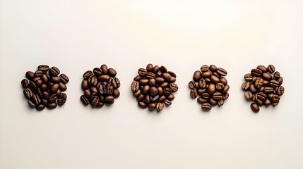 Roasted Coffee Beans Arranged in Five Piles Displaying Various Stages on Neutral Background