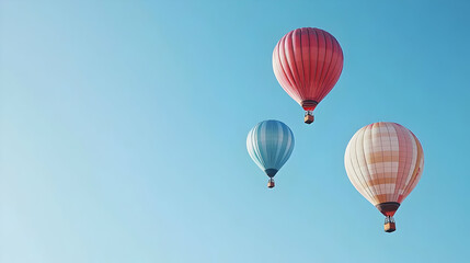 Fototapeta premium Three Pixelated Hot Air Balloons Floating Against A Clear Blue Sky In Daylight