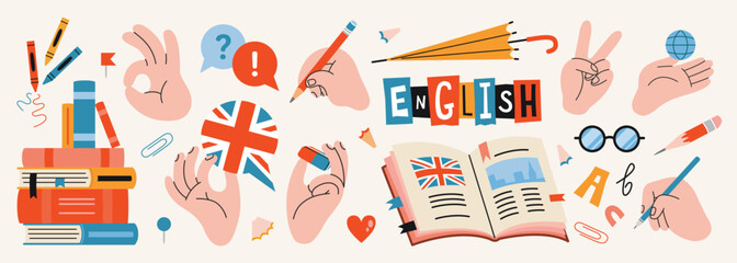 Hands gestures and learning English theme set. Human arms holding educational supplies, showing peace and OK sign, textbook and stationery. Trendy modern vector illustration, hand drawn, flat design