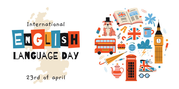 International English Language Day concept, 23rd of April. Iconic British symbols like flag, bus and teapot. Trendy modern vector illustration isolated on white background, hand drawn, flat design