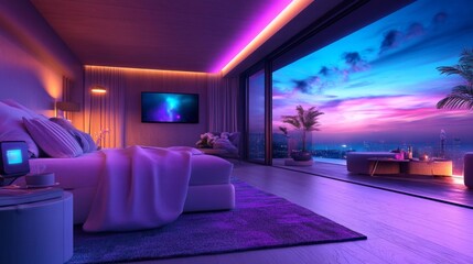 Smart Bedroom with AI-Integrated Lighting and Urban City View. Generative AI