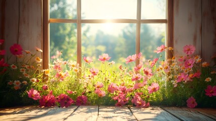 Sunlight illuminating pink cosmos flowers by a window in rustic home