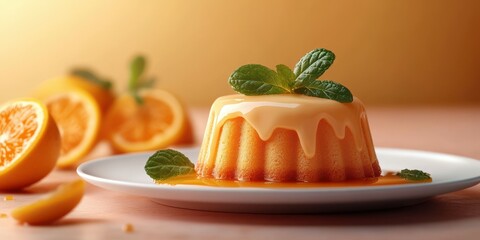 Delightful orange flan topped with mint leaves on a simple white plate