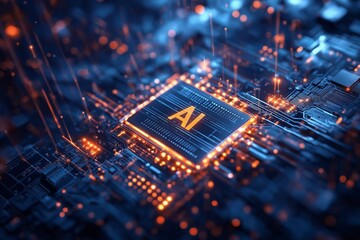 AI chip on futuristic circuit board with glowing connections and orange-blue technology theme