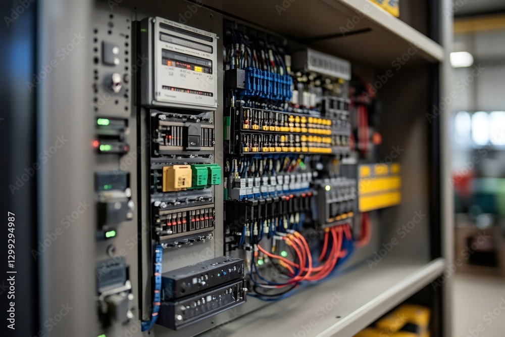 Poster electrical cabinet showing complex wiring and components in industrial setting