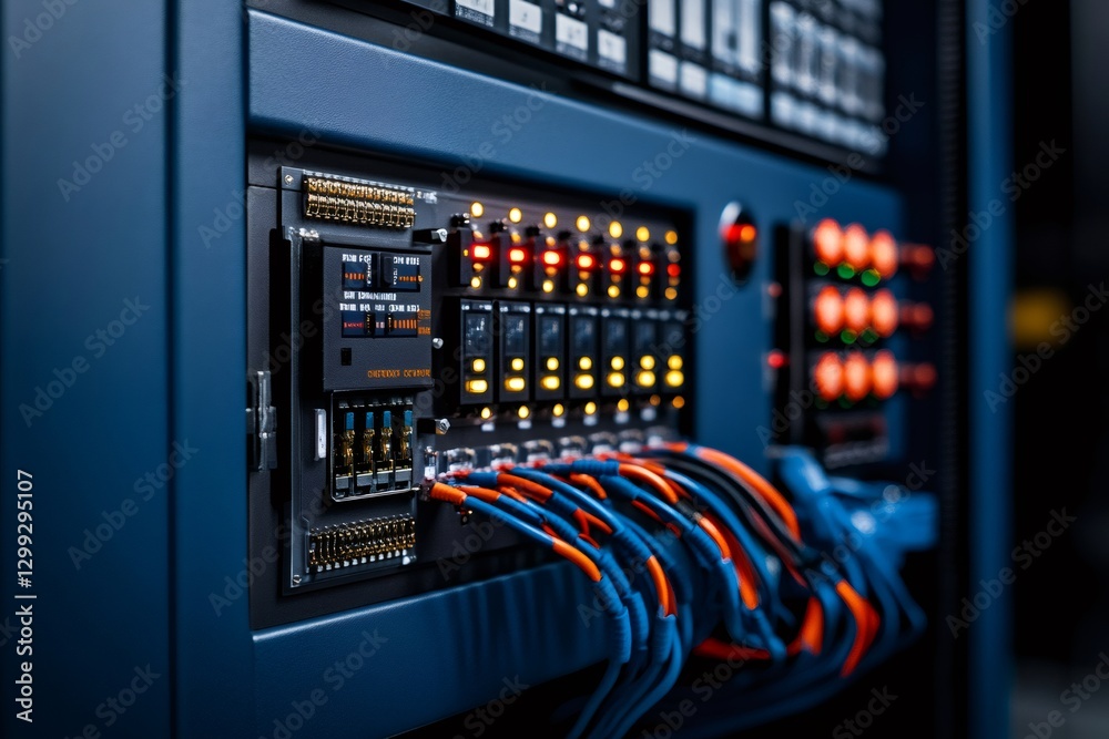 Leinwandbilder network server panel showing blinking lights and connected cables in a data center